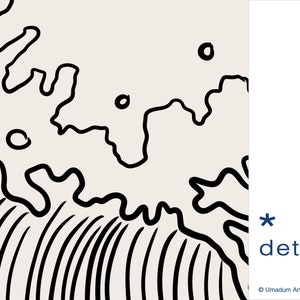 K&ouml;nnte beinhalten: Schwarz-wei&szlig;-Linienkunst-Illustration einer brechenden Welle. Die Welle ist mit dicken Linien gezeichnet und hat eine strukturierte Oberfl&auml;che. Der Hintergrund ist hellgrau.