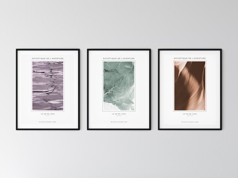 May include: Three framed prints with black frames and white mats. Each print features a different abstract design in shades of purple, green, and brown. The text "ESTHETIQUE DE L'AVENTURE" and "LA VIE DE L'EAU" is printed on each print.