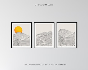Japanese minimalist Set of 3 Wave Prints Japandi line art Abstract Boho sun Black and beige art Continuous line art Graphic printable