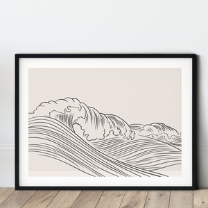 Ocean wave print Japanese line art Japandi graphic art Modern Beige Print Printable simple art Minimalist waves Organic modern decor