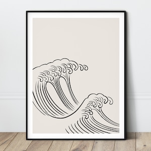 Puede incluir: Un dibujo en blanco y negro de una ola rompiendo contra un fondo beige. La ola está dibujada en un estilo estilizado de inspiración japonesa.