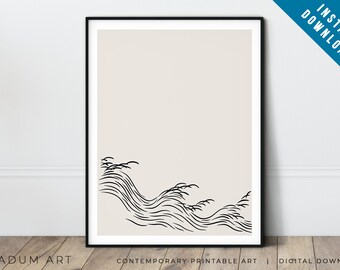 Abstract ocean print Japandi printable continuous line art Japanese wave Organic minimalist art line poster Line drawing waves