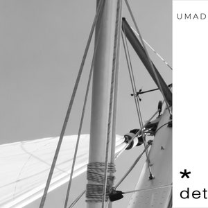 May include: A close-up of a sailboat mast with ropes and rigging. The mast is made of wood and is painted white. The ropes are made of nylon and are tied to the mast. The rigging is made of metal and is attached to the mast. The image is in black and white.