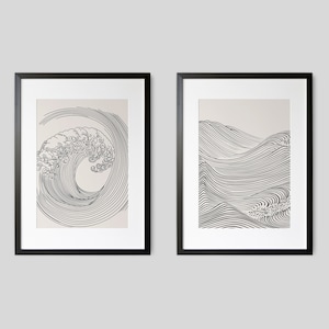 Japandi wave art Set of 2 prints Minimalist print Abstract ocean art Wave poster simple Japanese abstract Printable art Nautical line art