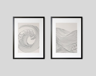 Japandi wave art Set of 2 prints Minimalist print Abstract ocean art Wave poster simple Japanese abstract Printable art Nautical line art