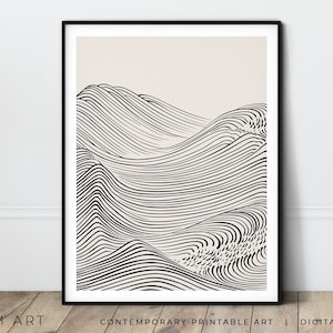 Japanese Wave Print Abstract Line Art Beige Printable Art Organic Japandi Art Black Beige Print Downloadable Neutral tone modern art