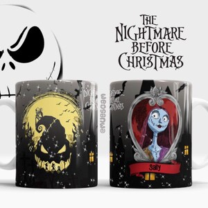 May include: Two ceramic mugs featuring characters from "The Nightmare Before Christmas." One mug displays Jack Skellington's face and a silhouette scene. The other mug showcases Sally within a decorative frame. The phrase "The Nightmare Before Christmas" is also visible.