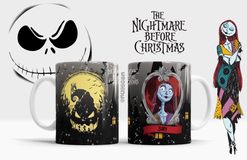 May include: Two ceramic mugs featuring characters from "The Nightmare Before Christmas." One mug displays Jack Skellington's face and a silhouette scene. The other mug showcases Sally within a decorative frame. The phrase "The Nightmare Before Christmas" is also visible.