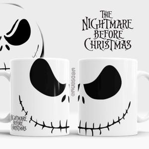 May include: White ceramic mug featuring a black and white design of Jack Skellington's face from "The Nightmare Before Christmas." The mug has a handle and the movie title is printed on the side. A drawing of Sally is also visible.