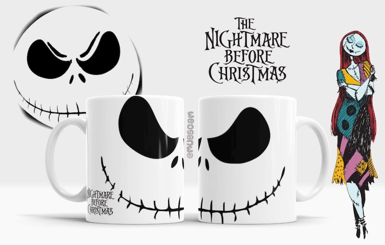 May include: White ceramic mug featuring a black and white design of Jack Skellington's face from "The Nightmare Before Christmas." The mug has a handle and the movie title is printed on the side. A drawing of Sally is also visible.