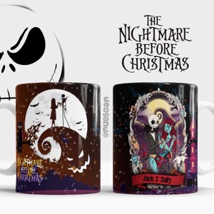 May include: Two ceramic mugs featuring characters from "The Nightmare Before Christmas." One mug displays Jack and Sally silhouetted against a full moon. The other mug shows Jack and Sally in a colorful scene. The text "Jack & Sally" is on a red banner.