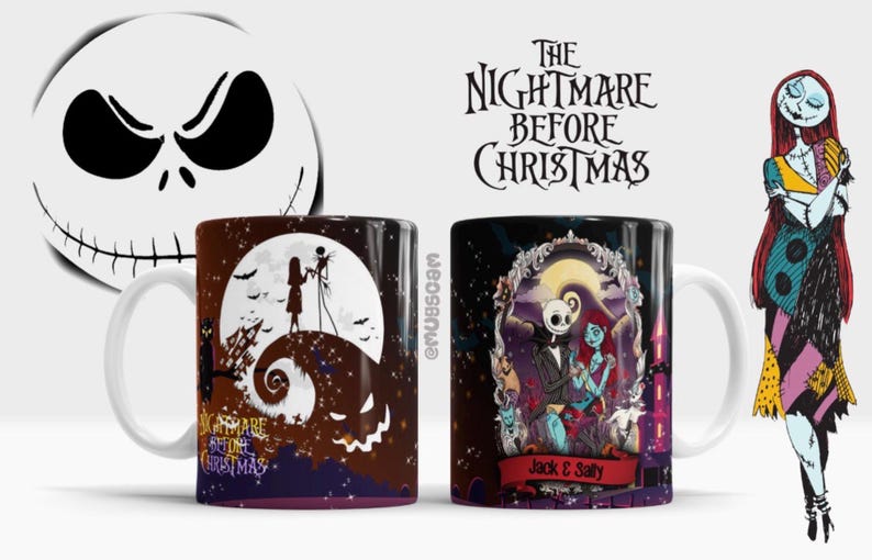 May include: Two ceramic mugs featuring characters from "The Nightmare Before Christmas." One mug displays Jack and Sally silhouetted against a full moon. The other mug shows Jack and Sally in a colorful scene. The text "Jack & Sally" is on a red banner.