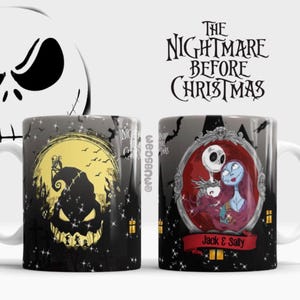 May include: Two ceramic mugs featuring designs from "The Nightmare Before Christmas." One mug displays Jack Skellington's face and a silhouette of a spooky scene. The other mug shows Jack and Sally in a red frame. The text "Jack & Sally" is on a red banner.