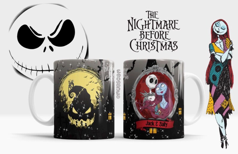 May include: Two ceramic mugs featuring designs from "The Nightmare Before Christmas." One mug displays Jack Skellington's face and a silhouette of a spooky scene. The other mug shows Jack and Sally in a red frame. The text "Jack & Sally" is on a red banner.