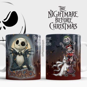May include: Two white ceramic mugs featuring characters from "The Nightmare Before Christmas." One mug displays Jack Skellington, the other features a group of characters. The film's title and a Jack Skellington face are also visible.