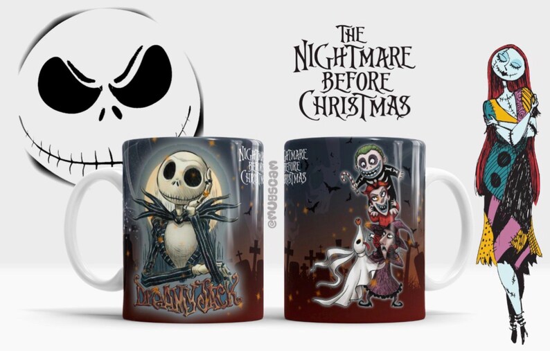 May include: Two white ceramic mugs featuring characters from "The Nightmare Before Christmas." One mug displays Jack Skellington, the other features a group of characters. The film's title and a Jack Skellington face are also visible.