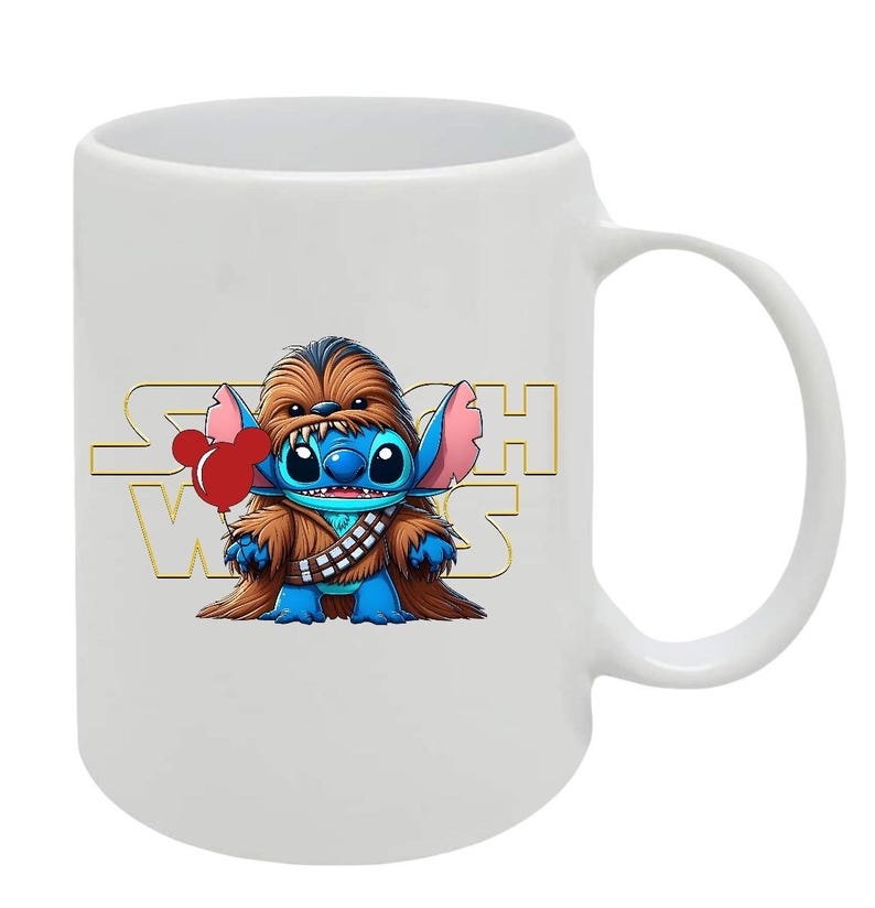 May include: White ceramic mug featuring a cartoon Stitch character dressed as Chewbacca, holding a red balloon. The words "Star Wars" are in gold lettering behind the character. The mug has a curved handle.