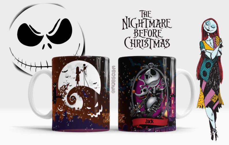 May include: Two ceramic mugs featuring characters from "The Nightmare Before Christmas." One mug depicts Jack and Sally silhouetted against a full moon. The other mug shows Jack Skellington in a purple frame. The title of the movie is above the mugs.