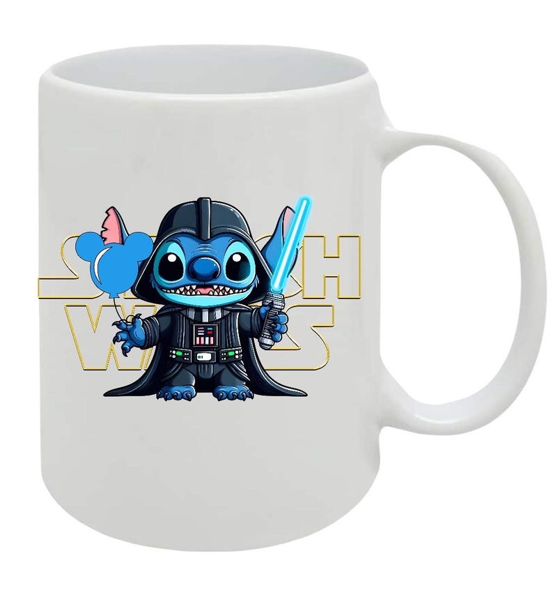 May include: White ceramic mug featuring a cartoon Stitch character dressed as Darth Vader, holding a blue lightsaber and a Mickey Mouse balloon. The words "Star Wars" are in gold lettering on the mug.