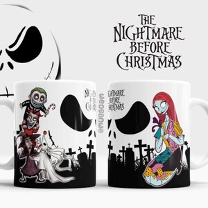 May include: White ceramic mugs featuring characters from "The Nightmare Before Christmas." One mug displays Jack Skellington's face and other characters. The second mug shows Sally. The film's title is above the mugs, and Jack's face is in the background.