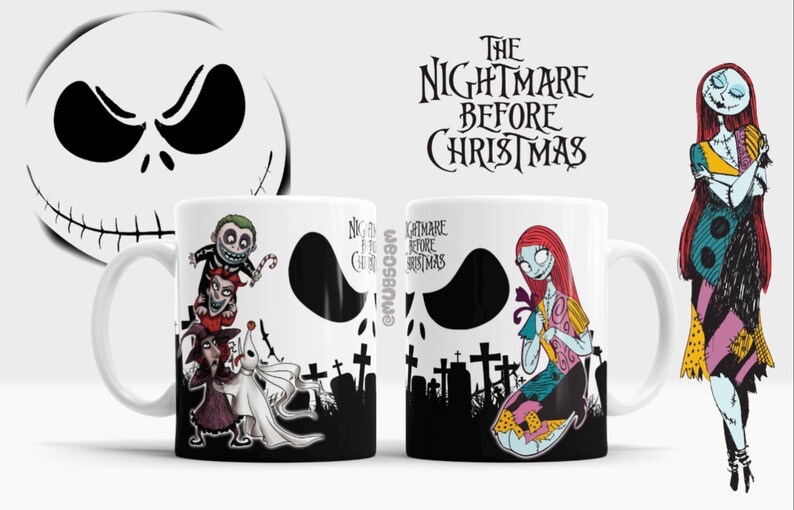 May include: White ceramic mugs featuring characters from "The Nightmare Before Christmas." One mug displays Jack Skellington's face and other characters. The second mug shows Sally. The film's title is above the mugs, and Jack's face is in the background.