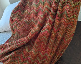 Multicolored, Variegated Afghan, Throw, Blanket, Rust, Orange, Green, Olive, Stripes, Chevron, Fall Colors, Autumn Colors, Warm, Brown