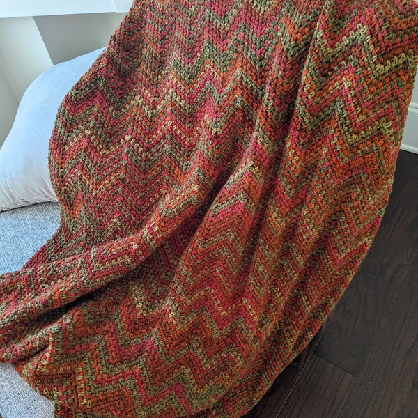 Multicolored, Variegated Afghan, Throw, Blanket, Rust, Orange, Green, Olive, Stripes, Chevron, Fall Colors, Autumn Colors, Warm, Brown