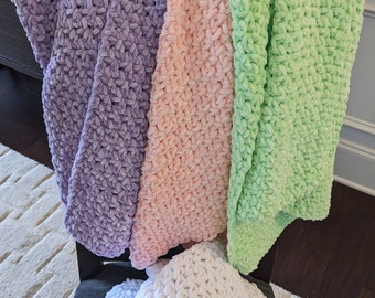 Crochet Baby Blanket, Purple, Green, Pink, White, Afghan, Baby Gift, Appr 28 by 32 Inches