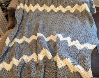 Gray and White Ripple Afghan, Throw, Blanket, Crocheted,  Stripes, 48 by 58 inches