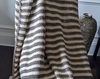 Brown and Cream Afghan, Blanket, Throw, Off White, Stripes, Chocolate, Cocoa, Crocheted, 50 by 60 inches