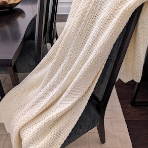 Cream Throw, Afghan, Blanket, Off white, Snow White, Ivory, crocheted, ripple, chevron, luxury, handmade, 50 by 60 inches