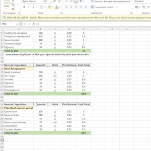 Può includere: Un foglio di calcolo che mostra ricette e costi degli ingredienti. Il documento include colonne per nome ingrediente, quantità, unità, prezzo unitario e costo totale. Ricette: lasagne, boeuf bourguignon e poke bowl con salmone e avocado.