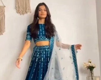 Premium Beautiful Blue Sequence Work With Embriodered Work Lahnega Choli & Dupatta For Woman , Bridesmaid Outfit , Wedding Outfit ,3 Pc Suit