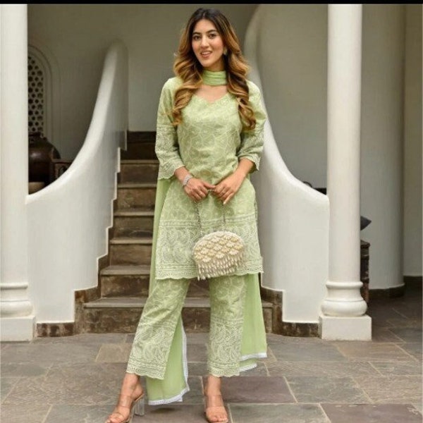 Partywear Readymade Cotton Chikankari ,Premium Pakistani Green Embroidered Kurta Pant set with Dupatta,Beautiful Dresses Plus sizes upto 7xl