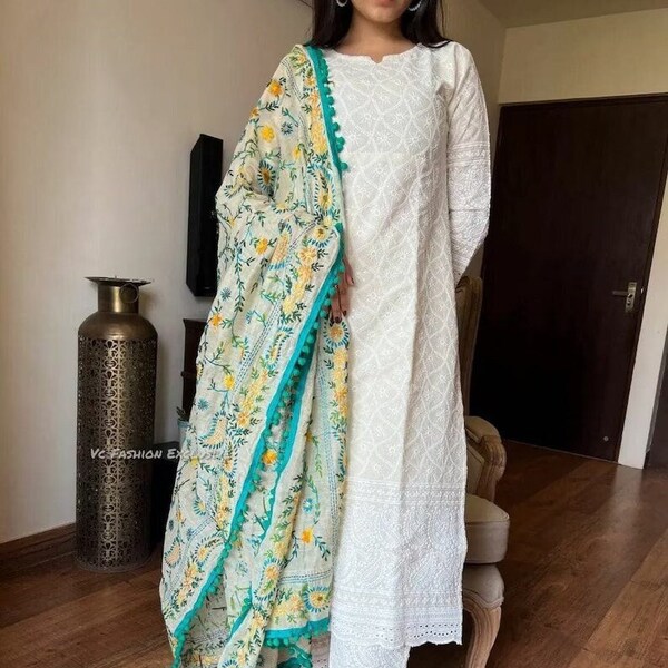 Premium Heavy Embroidered / Chikankari Off white Straight Kurta Pant set with Phulkari Dupatta, Dresses for Occasion for women,Partywear