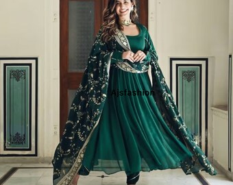 Indian Ehnic Full Flared Green Georgette Anarkali Dress With Heavy Lace Work Dupatta Summer Wear Suit, Green Anarkali,Green Outfit,