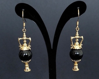 Amphora Roman Earrings, Shiny Gold Plated Earrings with onyx stone, dainty gold roman jewelry