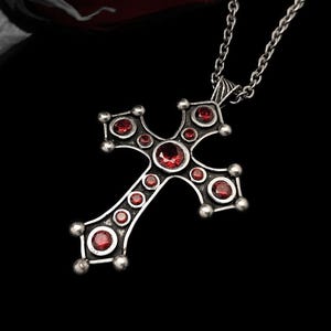 Victorian Cross Necklace, Gothic Ruby Silver Tone
