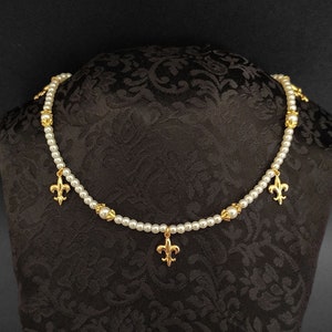 Medieval Fleur de Lis Necklace with Pearls - french lily necklace - medieval fleur de lis necklace - historical style necklace - Lis