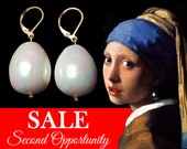 SECOND OPPORTUNITY, Super Sale Johannes Vermeer Girl with a pearl, White Glass HUGE Pearls Earrings, Very big pearls with some small flaws
