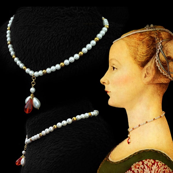 Italian renaisssance necklace, beaded faux pearl necklace, Historical replica necklace, Renaissance replica necklace, Italian replica, Petra