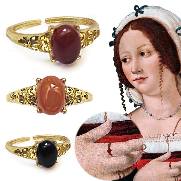 Red Agate Italian Renaissance Ring, Adjustable ring, Historical replica ring, Reenactment ring Antonella, 7.5 US size 17,5mm inner