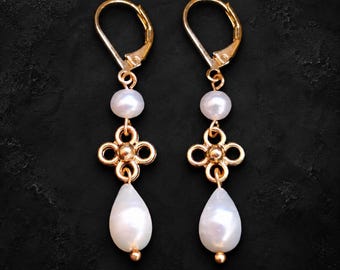 Renaissance Pearl Drop Earrings, Gold Clover Connector, Freshwater Teardrop Jewelry