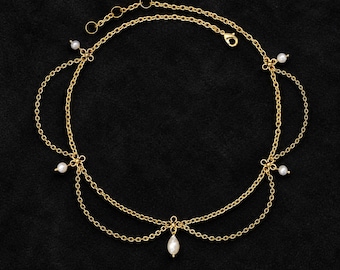 Gold Renaissance Pearl Festoon Necklace with Freshwater Pearls, 16th Century Portrait Jewelry for Ren Faire & Reenactment