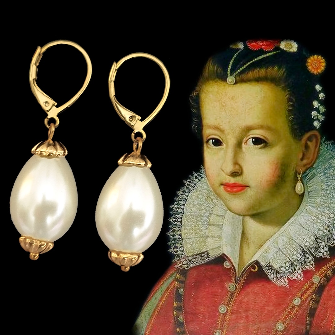 Medium Glass Drop Pearl Earrings Renaissance Earrings picture