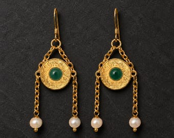 Roman Agate Earrings with Pearl Chain Drops, Minerva