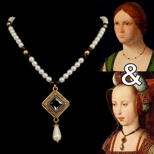 Collier Renaissance Marie, collier médiéval, collier du XVe siècle, collier de perles d'onyx et de fausses perles, pendentif cabochon en strass noirs