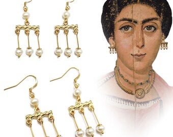 Crotalia römische Ohrringe mit Süßwasserperlen, Ohrringe mit echten Perlen, antiker römischer Schmuck, antiker Schmuck, Pompeji Ohrringe, Flavia