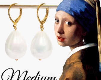 Johannes Vermeer replica earrings, girl with a pearl earrings, Drop pearl earrings for woman, 15x20mm big pearl earrings