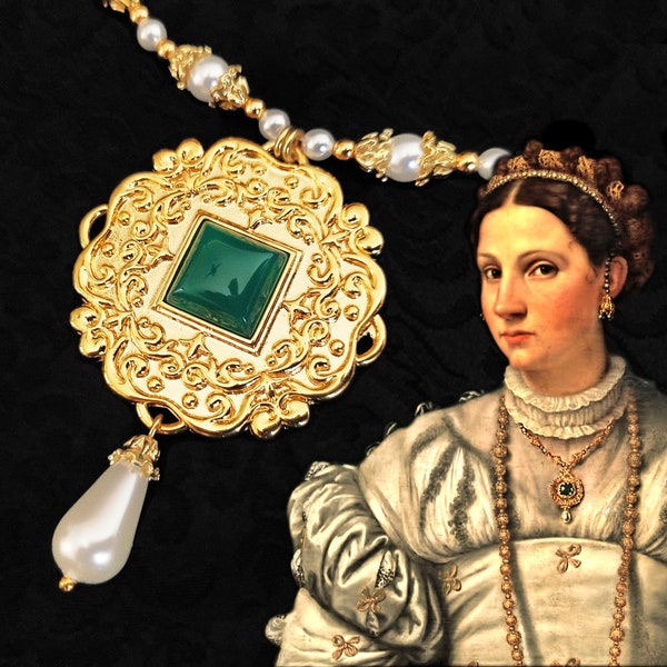 Collier Renaissance italienne, réplique de collier, pendentif en plaqué or fin 18 carats avec cabochon en agate verte, réplique historique, Morelia